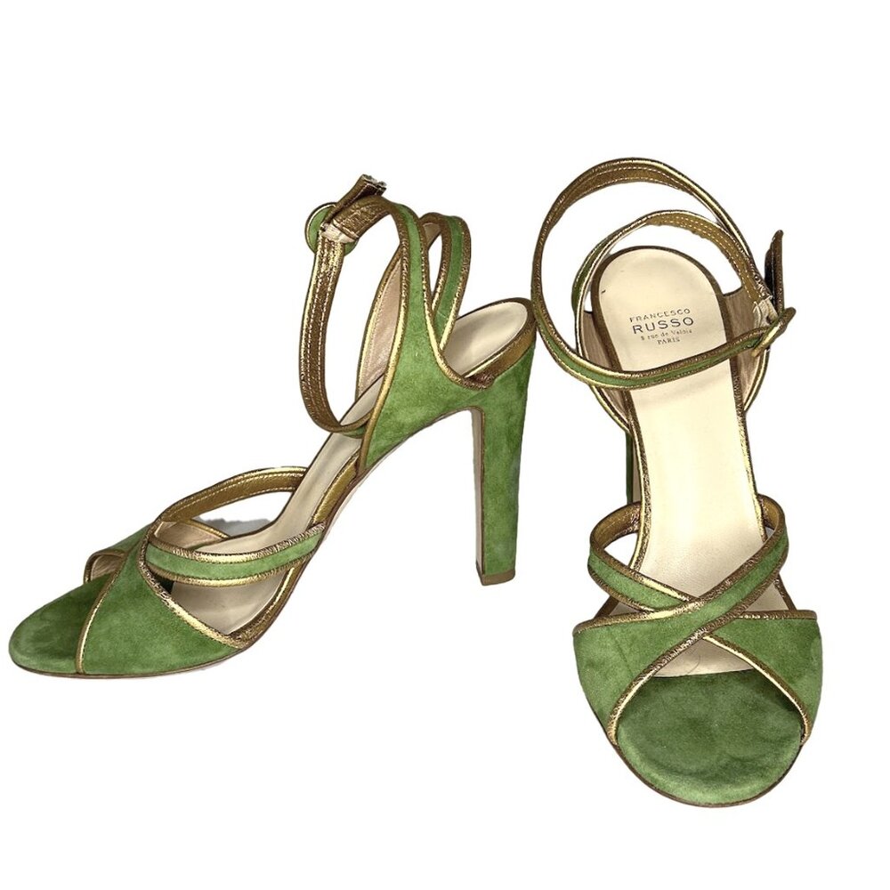 Francesco Russo Green Suede Gold Leather Trim Heels 40